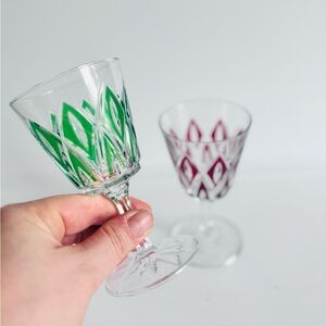 Vintage Cut Glass Wine Goblets Set Green Red Diamond Pattern